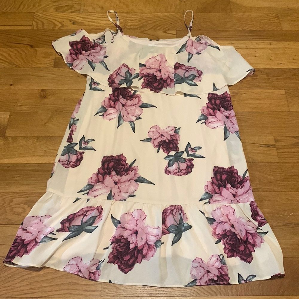 NEW C The Label Floral Cold Shoulder Dress Small S Ivory Pink Peony Shift Chiffo